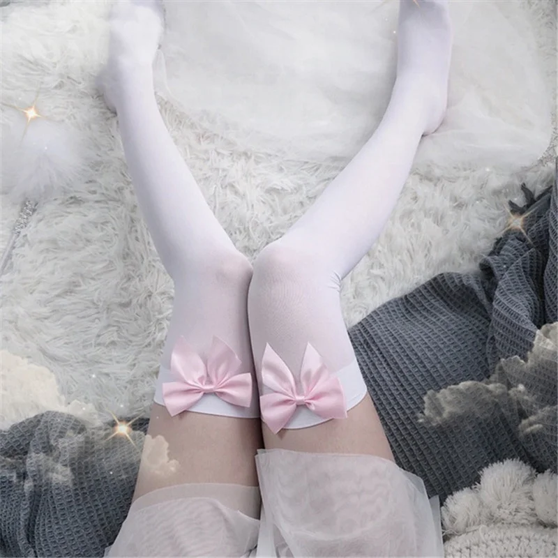 Thigh High Sock Stay Up - Seksi kadın Çorap Pembe Yay Kalmak