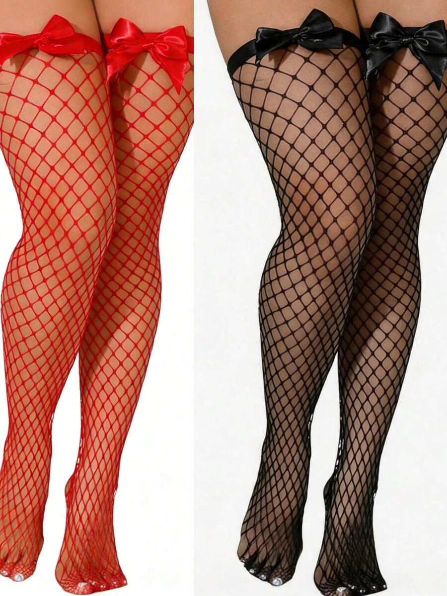 Knee High Sock Women - Fiyonklu Dekorlu File Çoraplar, Elastik Delikli
